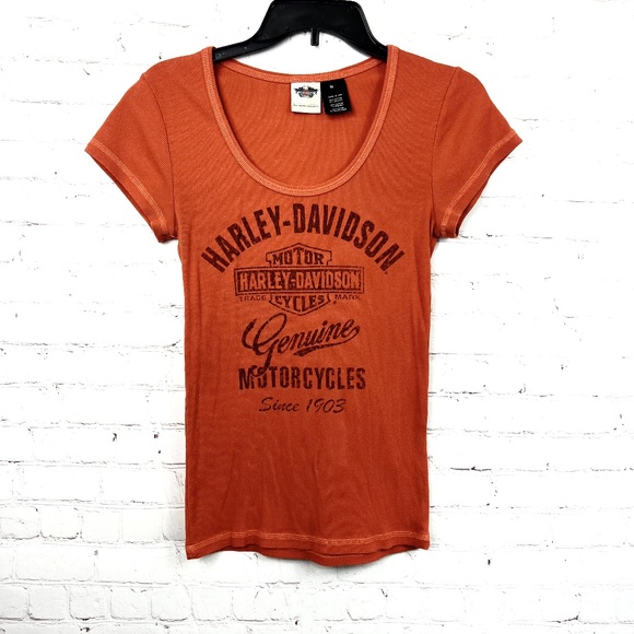 Harley-Davidson Tops - 🏍|•HARLEY-DAVIDSON•| Burnt Orange Short Sleeve Swoop Neck Shirt